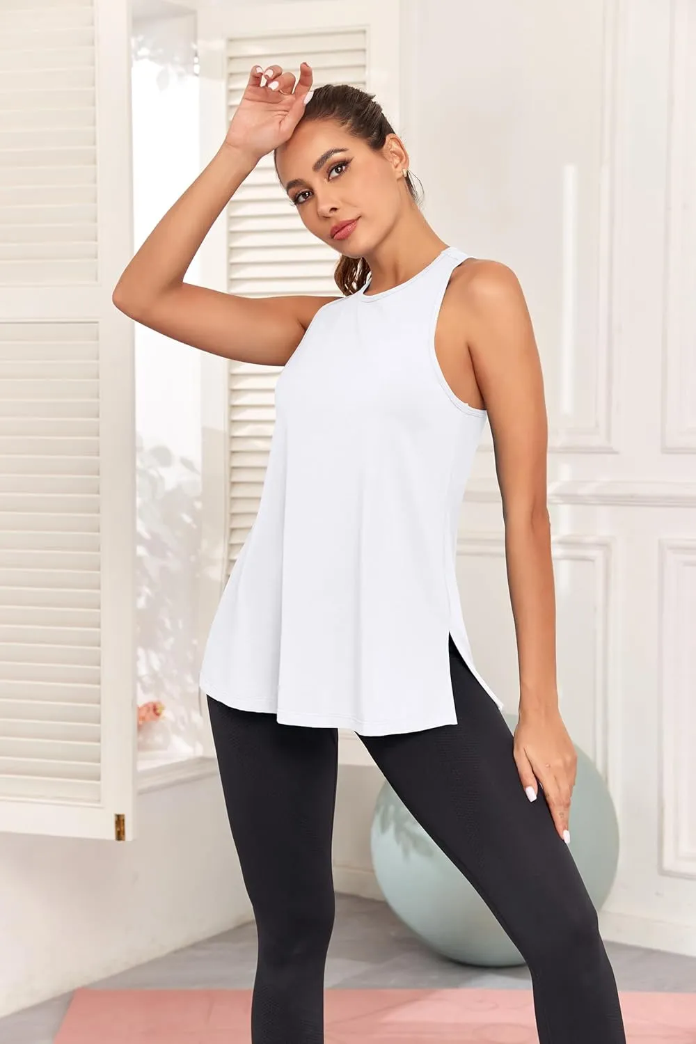 Pima Cotton Racerback Yoga Tops Woman Side Split Athletic Workout Tank Tops Loose Fit Moisture Wicking 2 Pack