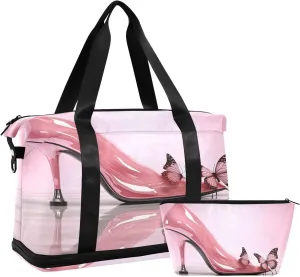 Pink High Heels Sports Gym Bag with Waterproof Dry Wet Pocket, Travel Duffel Bag for Women MenWorkout Bag Fits Yoga, Swimming