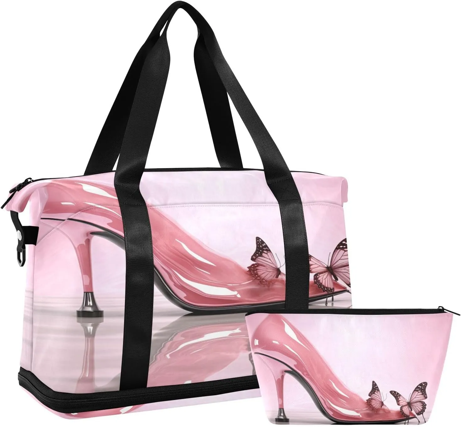 Pink High Heels Sports Gym Bag with Waterproof Dry Wet Pocket, Travel Duffel Bag for Women MenWorkout Bag Fits Yoga, Swimming