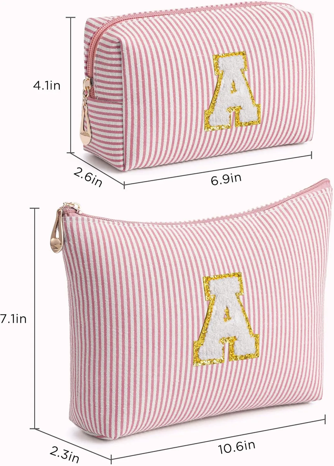 Pink Personalized Initial Makeup Bag Set, Cute Preppy Travel Toiletry Cosmetic Bags, Small Make Up Pouch, Birthday Gifts for Women, Girls, Friends, (A)