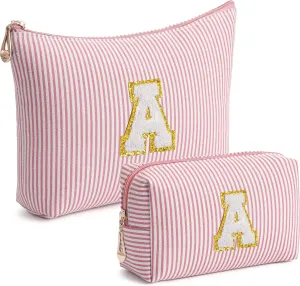 Pink Personalized Initial Makeup Bag Set, Cute Preppy Travel Toiletry Cosmetic Bags, Small Make Up Pouch, Birthday Gifts for Women, Girls, Friends, (A)