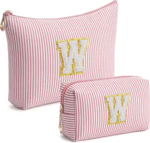 Pink Personalized Initial Makeup Bag Set, Cute Preppy Travel Toiletry Cosmetic Bags, Small Make Up Pouch, Birthday Gifts for Women, Girls, Friends, (W)