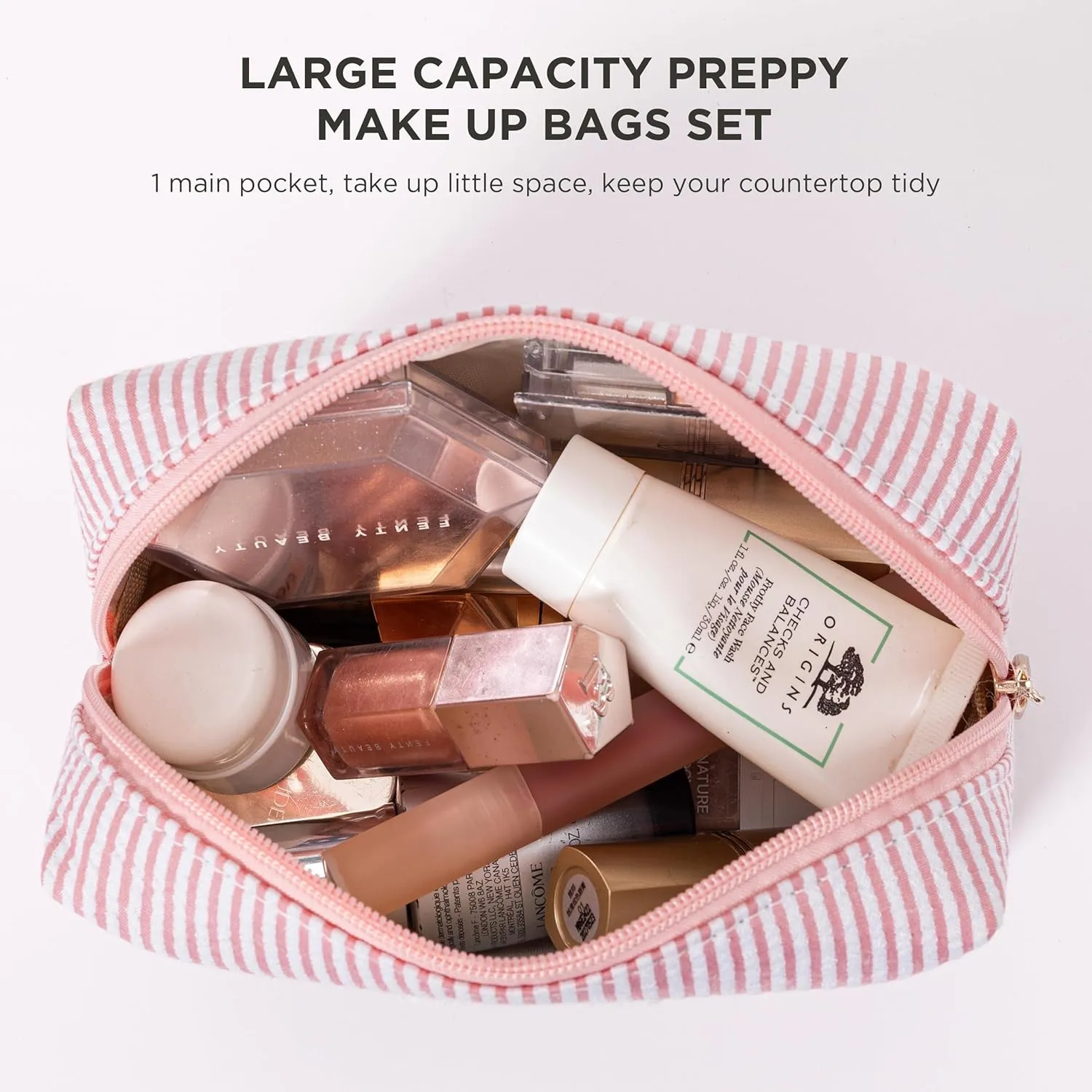 Pink Personalized Initial Makeup Bag Set, Cute Preppy Travel Toiletry Cosmetic Bags, Small Make Up Pouch, Birthday Gifts for Women, Girls, Friends, (W)