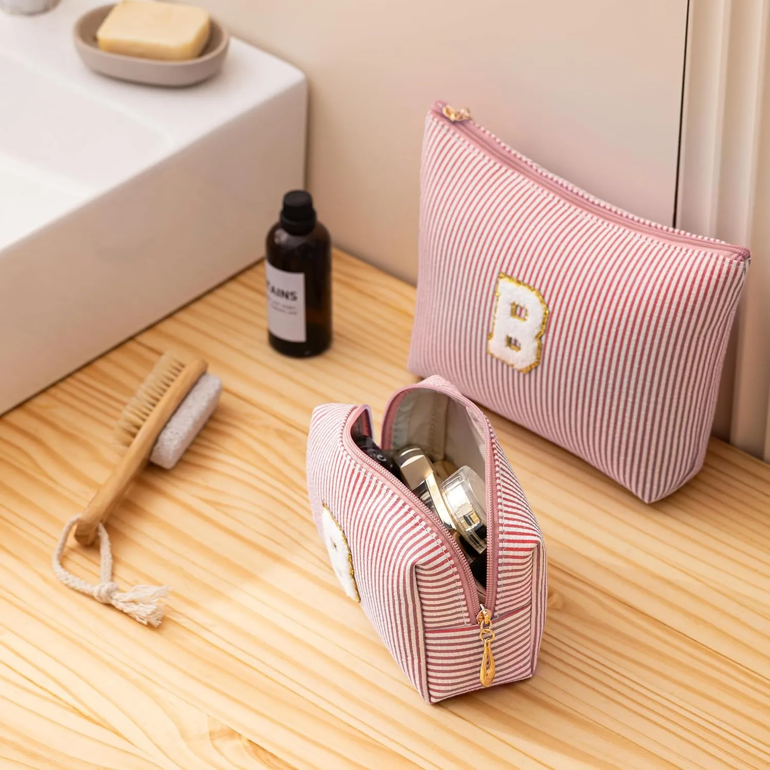 Pink Personalized Initial Makeup Bag Set, Cute Preppy Travel Toiletry Cosmetic Bags, Small Make Up Pouch, Birthday Gifts for Women, Girls, Friends, (W)