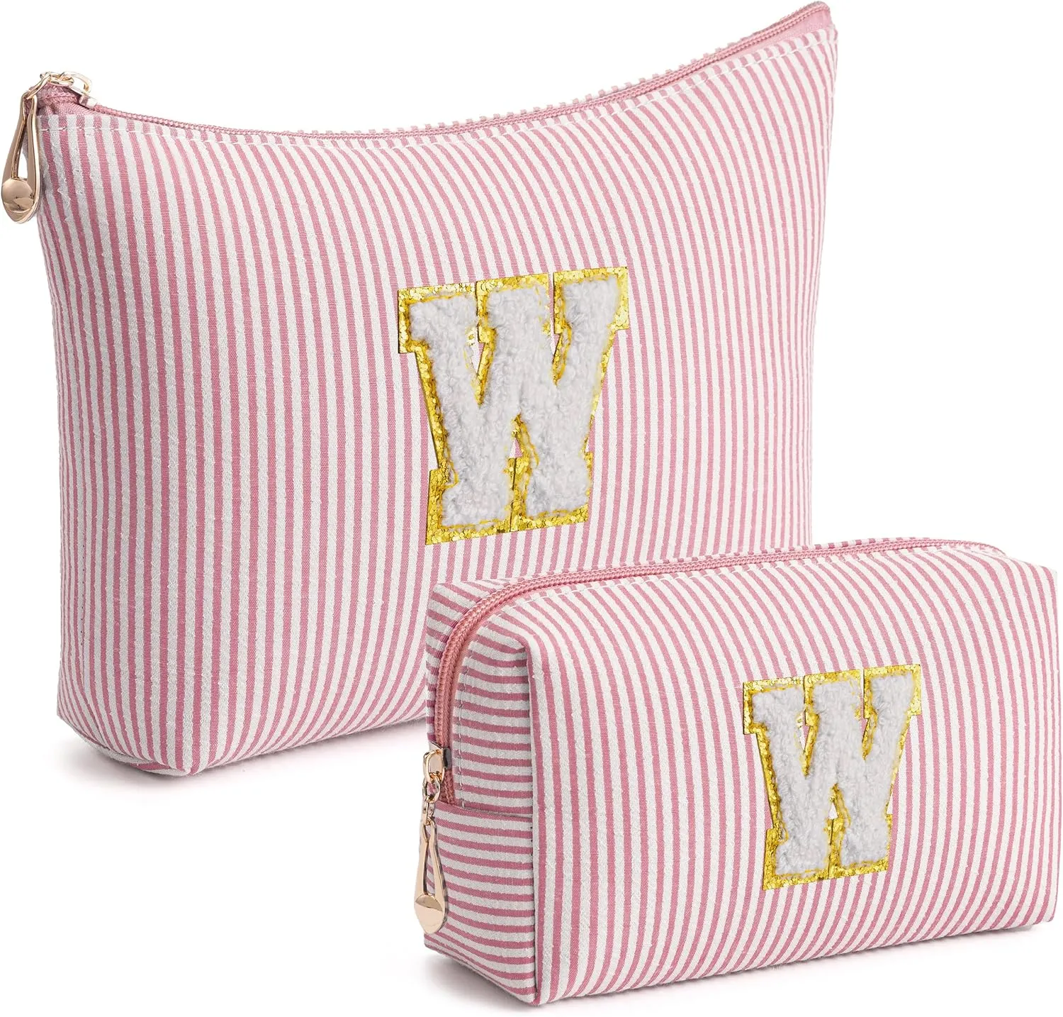 Pink Personalized Initial Makeup Bag Set, Cute Preppy Travel Toiletry Cosmetic Bags, Small Make Up Pouch, Birthday Gifts for Women, Girls, Friends, (W)
