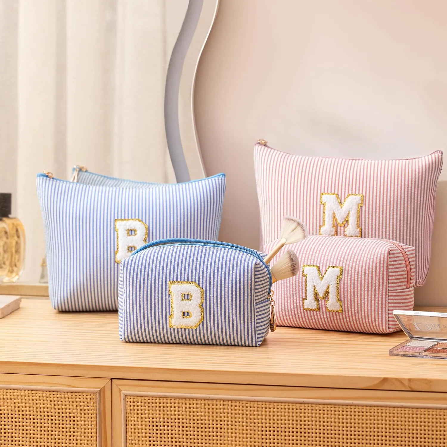 Pink Personalized Initial Makeup Bag Set, Cute Preppy Travel Toiletry Cosmetic Bags, Small Make Up Pouch, Birthday Gifts for Women, Girls, Friends, (W)