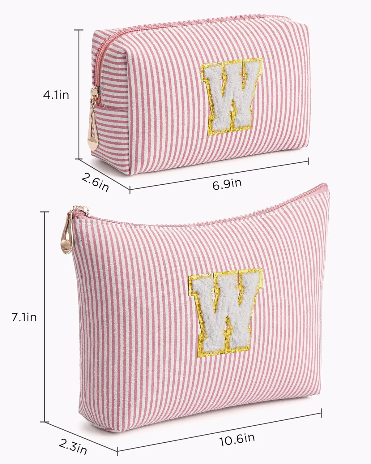Pink Personalized Initial Makeup Bag Set, Cute Preppy Travel Toiletry Cosmetic Bags, Small Make Up Pouch, Birthday Gifts for Women, Girls, Friends, (W)