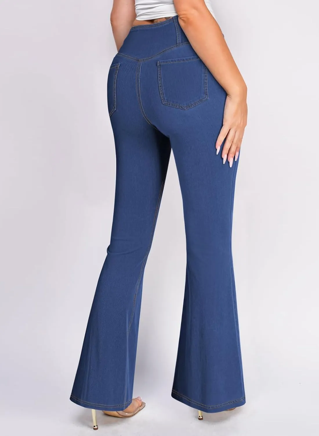 Pink Queen Bell Bottom Jeans for Women Crossover High Waisted Stretchy Denim Leggings Tummy Control Flare Pants with Pockets