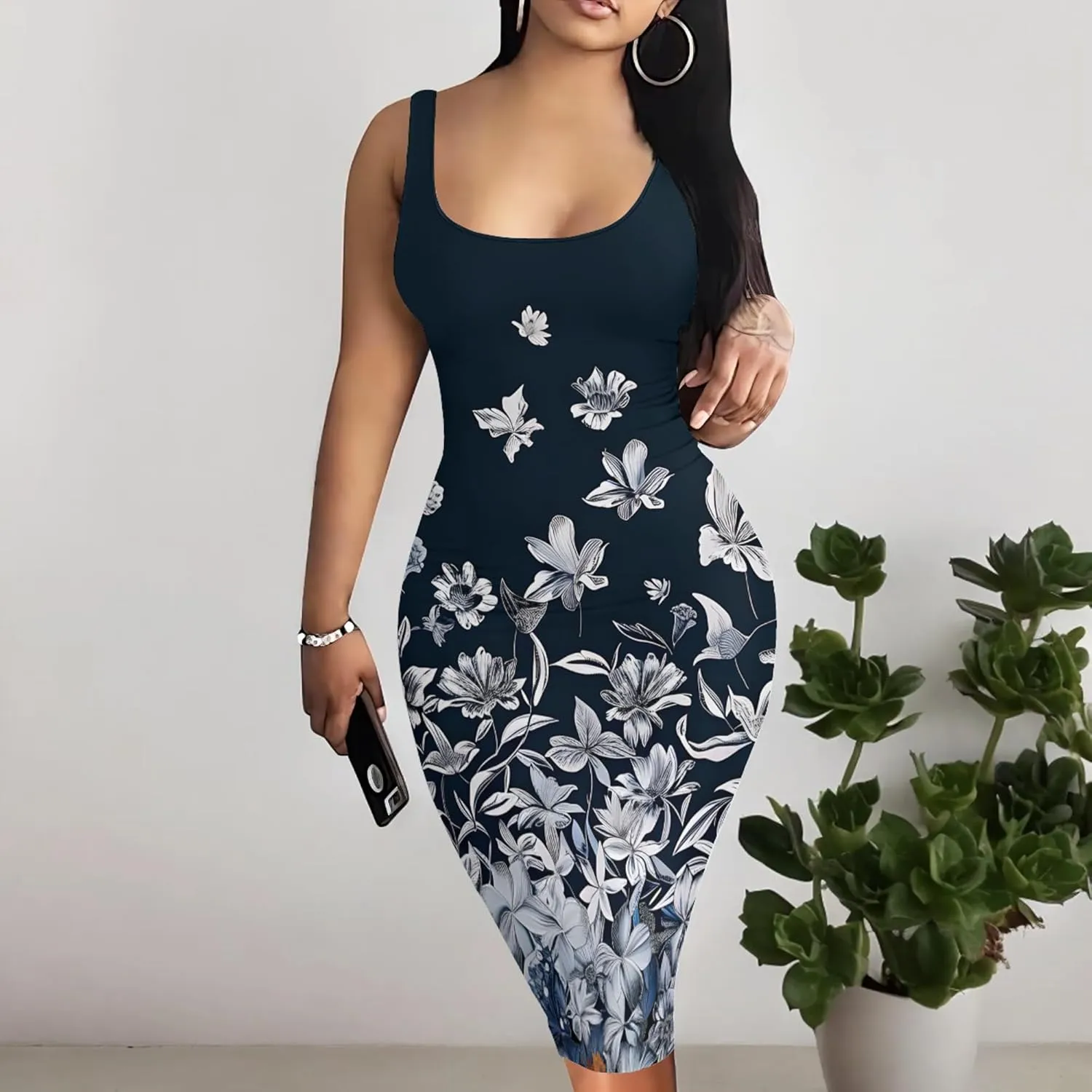 PinkPatty Floral Print Midi Dress for Women Sexy Sleeveless Crew Neck Tank Sundress Plus Size Club Dresses