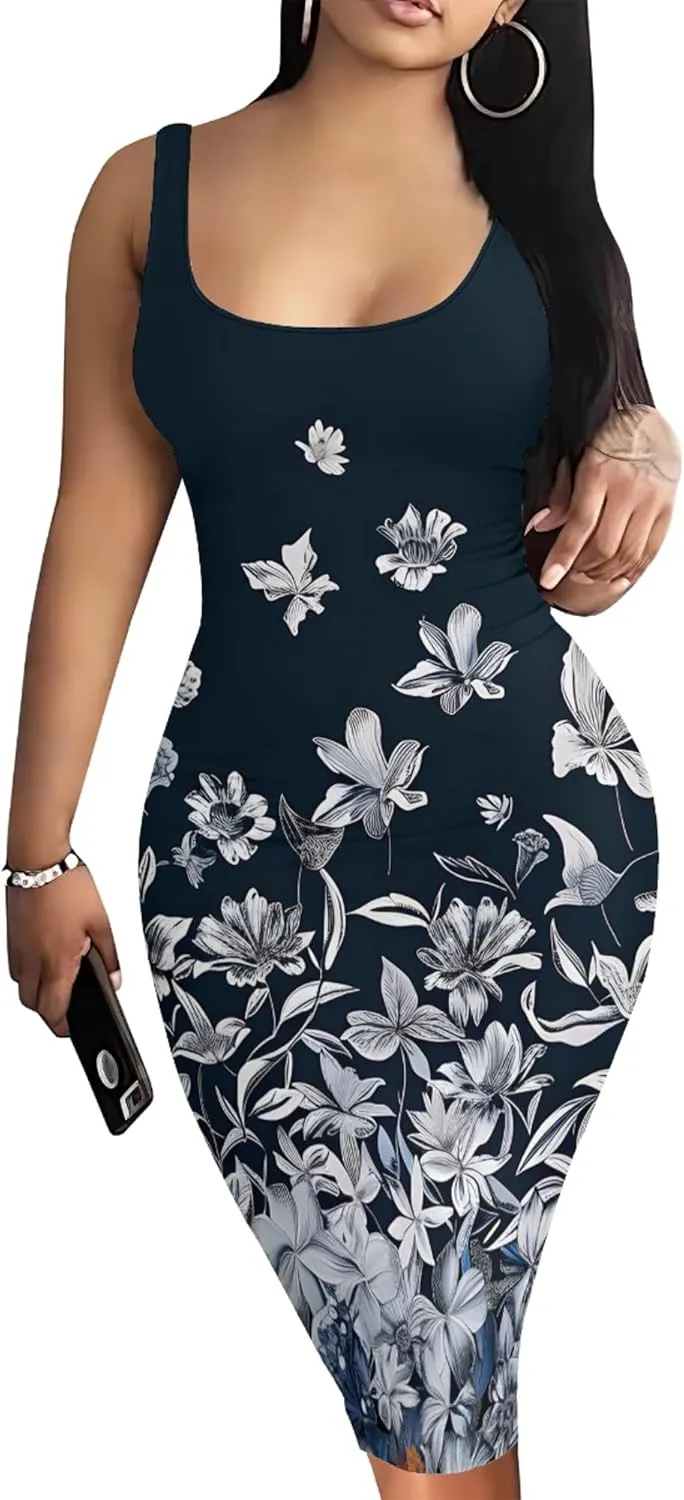 PinkPatty Floral Print Midi Dress for Women Sexy Sleeveless Crew Neck Tank Sundress Plus Size Club Dresses