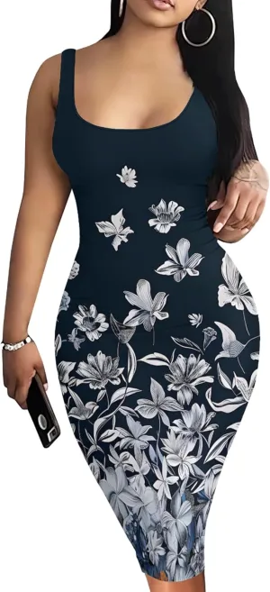 PinkPatty Floral Print Midi Dress for Women Sexy Sleeveless Crew Neck Tank Sundress Plus Size Club Dresses