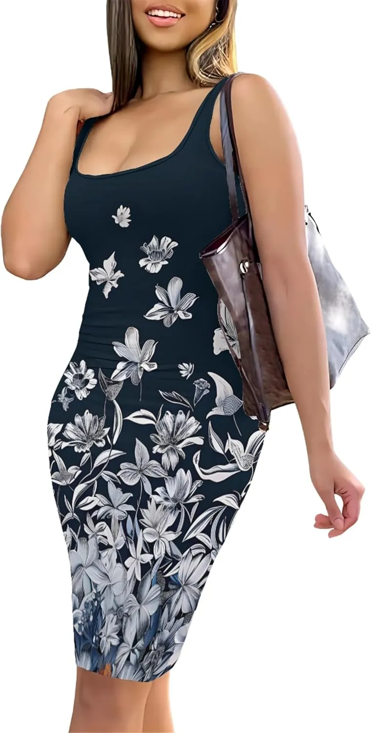 PinkPatty Floral Print Midi Dress for Women Sexy Sleeveless Crew Neck Tank Sundress Plus Size Club Dresses