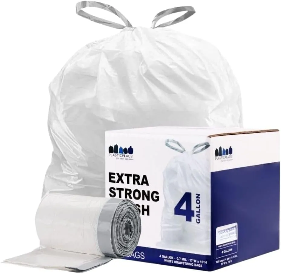 Plasticplace 4 Gallon Trash Bags  0.7 Mil  Drawstring White Garbage Can Liners  17" x 16" (100 Count)