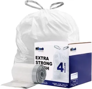 Plasticplace 4 Gallon Trash Bags  0.7 Mil  Drawstring White Garbage Can Liners  17" x 16" (100 Count)