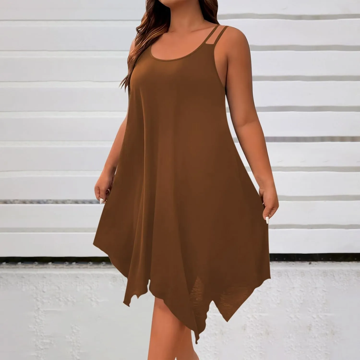 Plus Size Women Irregular Flowy Sundress Sleeveless Spaghetti Strap Midi Dress Summer Hi Low Swing Aline Dresses