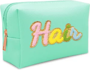 Premium Preppy Makeup Bag Set w Zipper, Handwritting Waterproof Cosmetic Bag for Women, Cute Preppy Patch Toiletry Bag for Traveling Outdoors, Gift Ideal for Mom Sister Daughter (Cyan Hair)