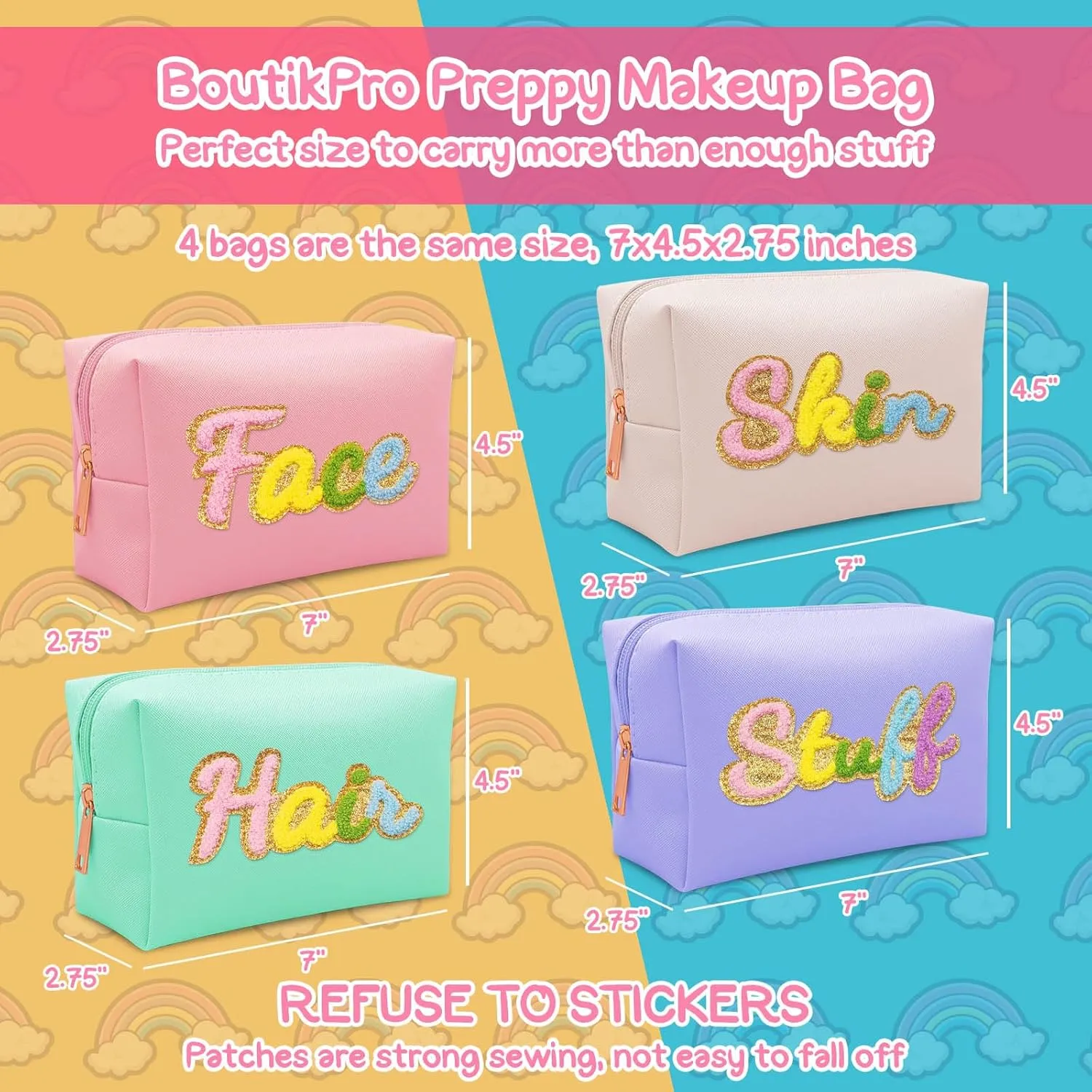Premium Preppy Makeup Bag Set w Zipper, Handwritting Waterproof Cosmetic Bag for Women, Cute Preppy Patch Toiletry Bag for Traveling Outdoors, Gift Ideal for Mom Sister Daughter (Ivory Skin)