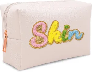 Premium Preppy Makeup Bag Set w Zipper, Handwritting Waterproof Cosmetic Bag for Women, Cute Preppy Patch Toiletry Bag for Traveling Outdoors, Gift Ideal for Mom Sister Daughter (Ivory Skin)