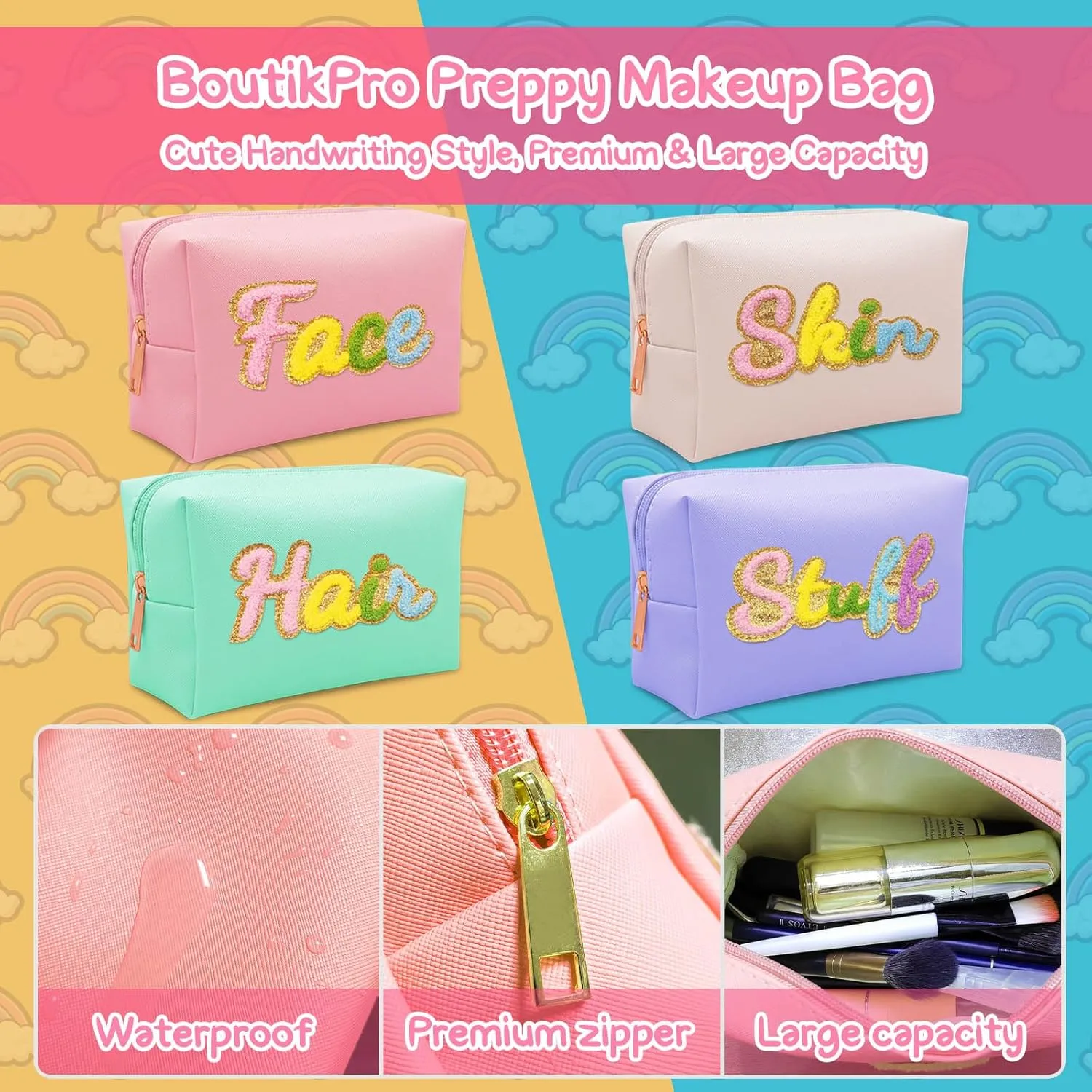 Premium Preppy Makeup Bag Set w Zipper, Handwritting Waterproof Cosmetic Bag for Women, Cute Preppy Patch Toiletry Bag for Traveling Outdoors, Gift Ideal for Mom Sister Daughter (Ivory Skin)