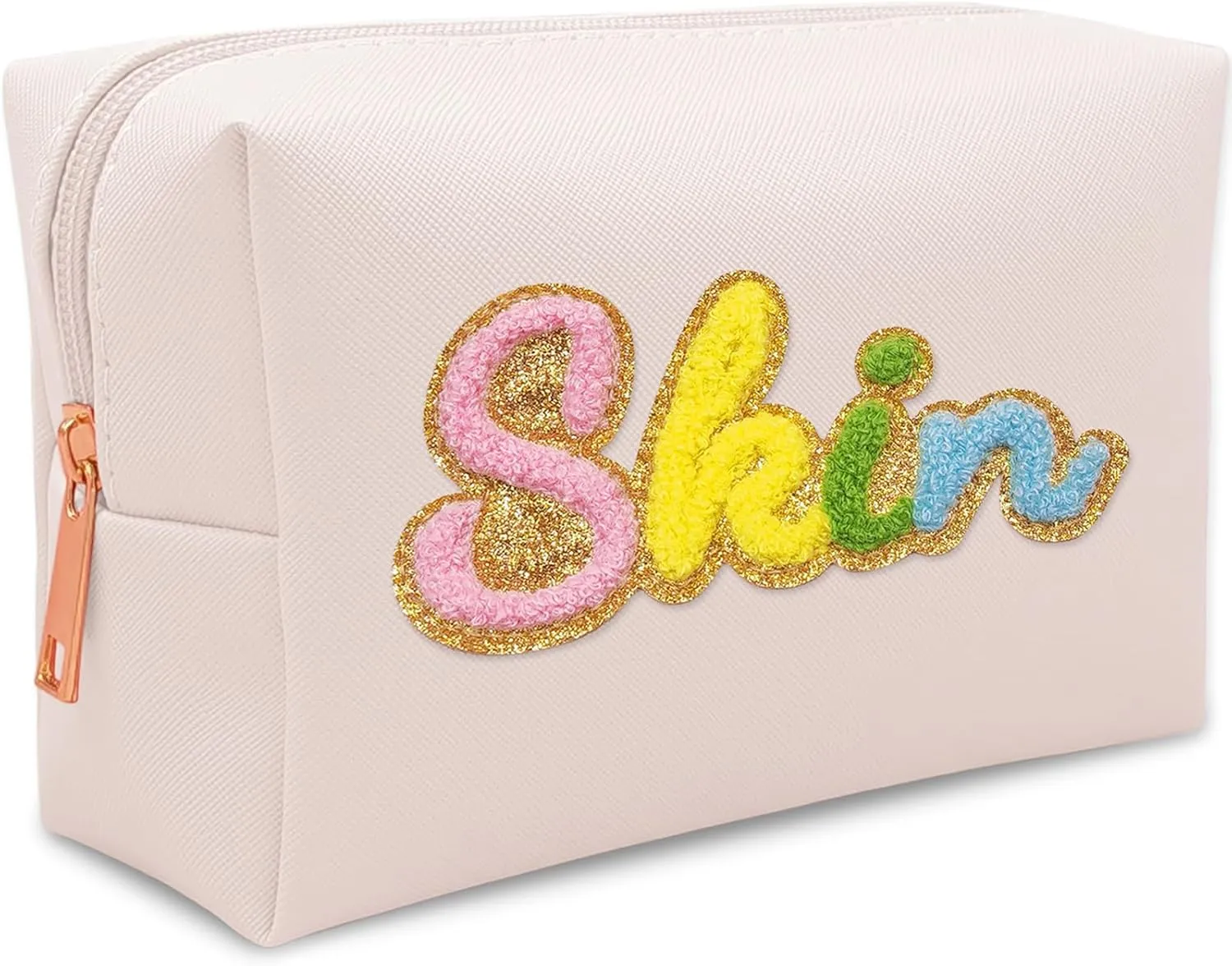 Premium Preppy Makeup Bag Set w Zipper, Handwritting Waterproof Cosmetic Bag for Women, Cute Preppy Patch Toiletry Bag for Traveling Outdoors, Gift Ideal for Mom Sister Daughter (Ivory Skin)
