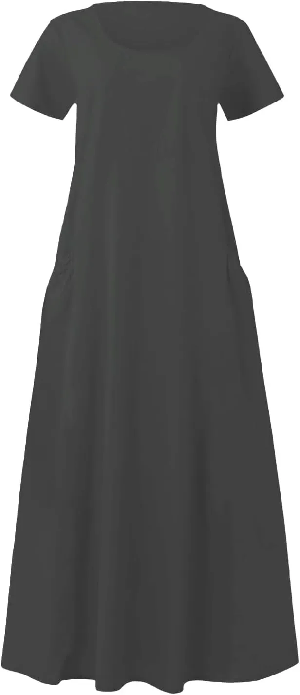 PTOLOCIF Women's Maxi Dress 2025 Summer Cotton Linen Long Dresses Solid Color Plus Size Loose T Shirt Dress with Pockets