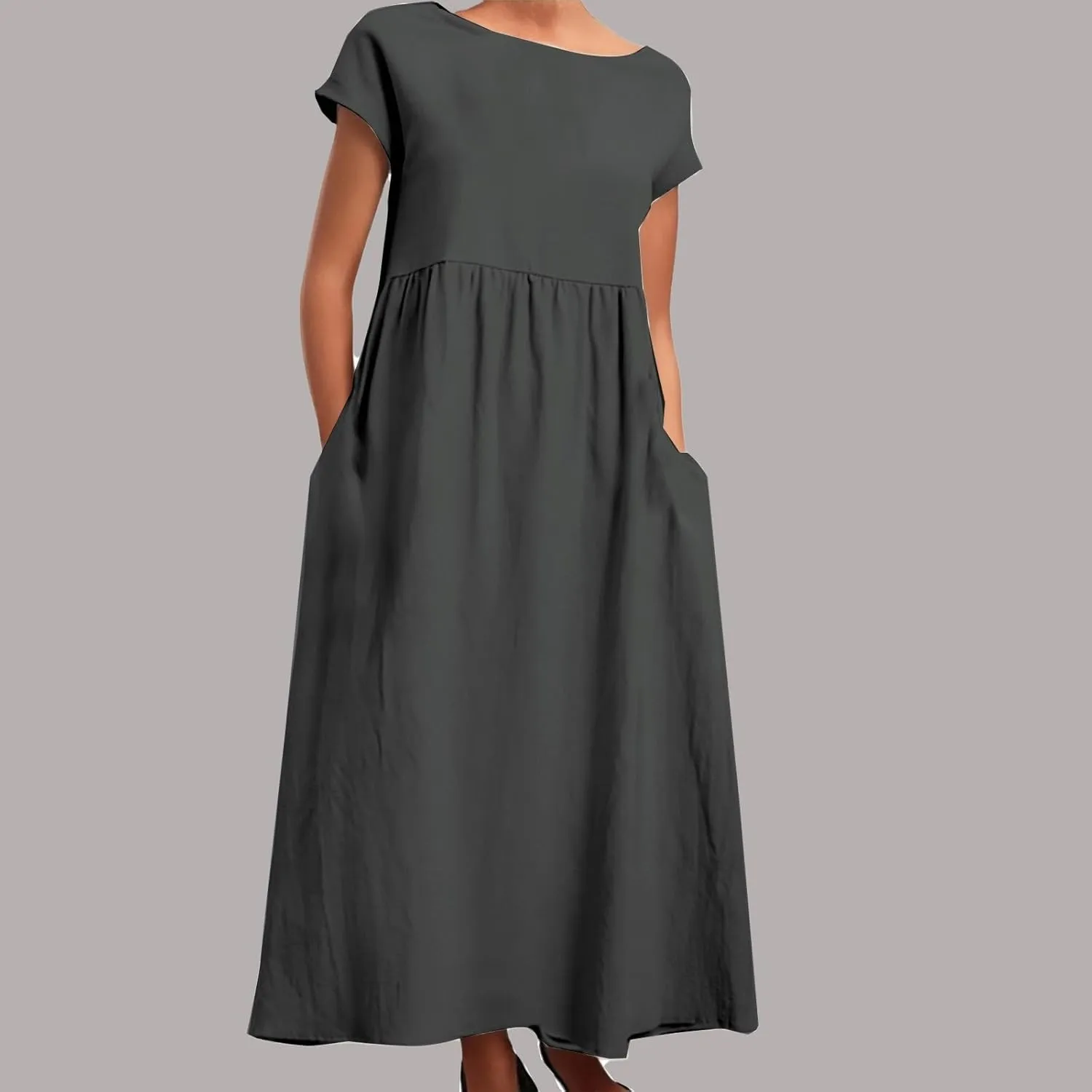 PTOLOCIF Women's Maxi Dress 2025 Summer Cotton Linen Long Dresses Solid Color Plus Size Loose T Shirt Dress with Pockets