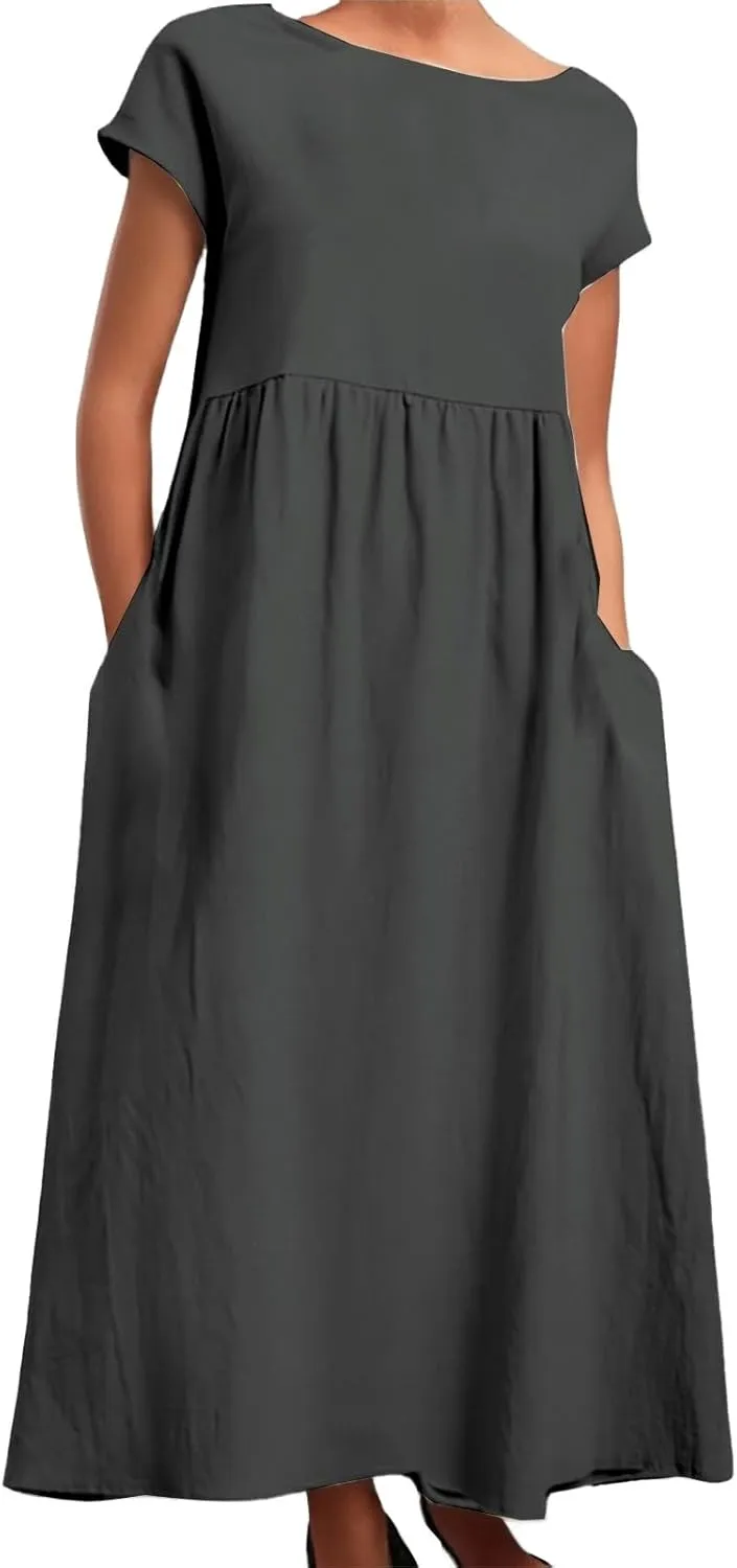 PTOLOCIF Women's Maxi Dress 2025 Summer Cotton Linen Long Dresses Solid Color Plus Size Loose T Shirt Dress with Pockets
