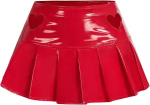 QWINEE Women's Drop Waist Heart Cut Out Pleated PU Leather Mini Party Skirts