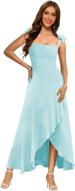 Raseal Chiffon High Low Bridesmaid Dress Square Neck Long A Line Prom Dress for Women RS170