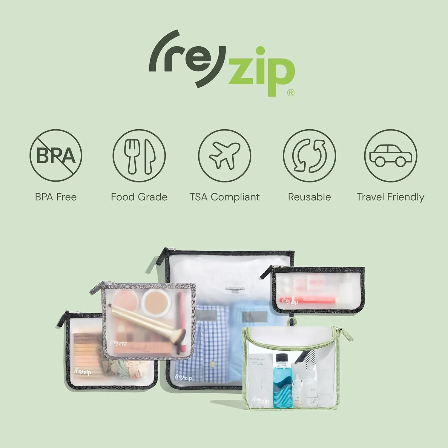 (re)zip 2-Pack Gallon Size Storage Bags | Zippered, Reusable Bags for Travel & Household Storage | BPA-Free, Food Grade, Machine Washable (Gray)
