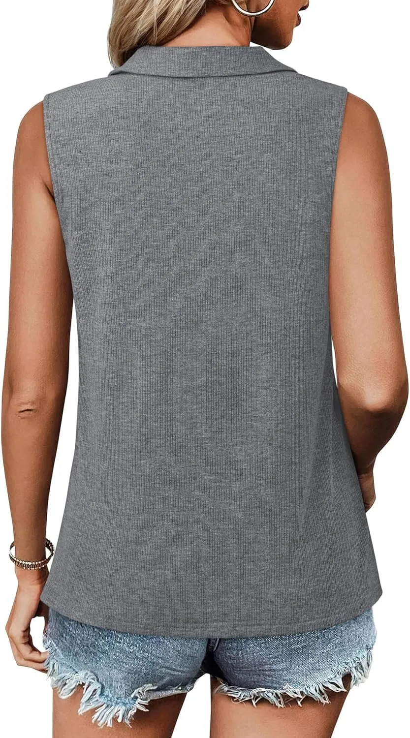 Ribbed Tank Tops for Women Zipper V Neck Dressy Casual Blouses Sleeveless Camisole Top Business Work Polo Shirts