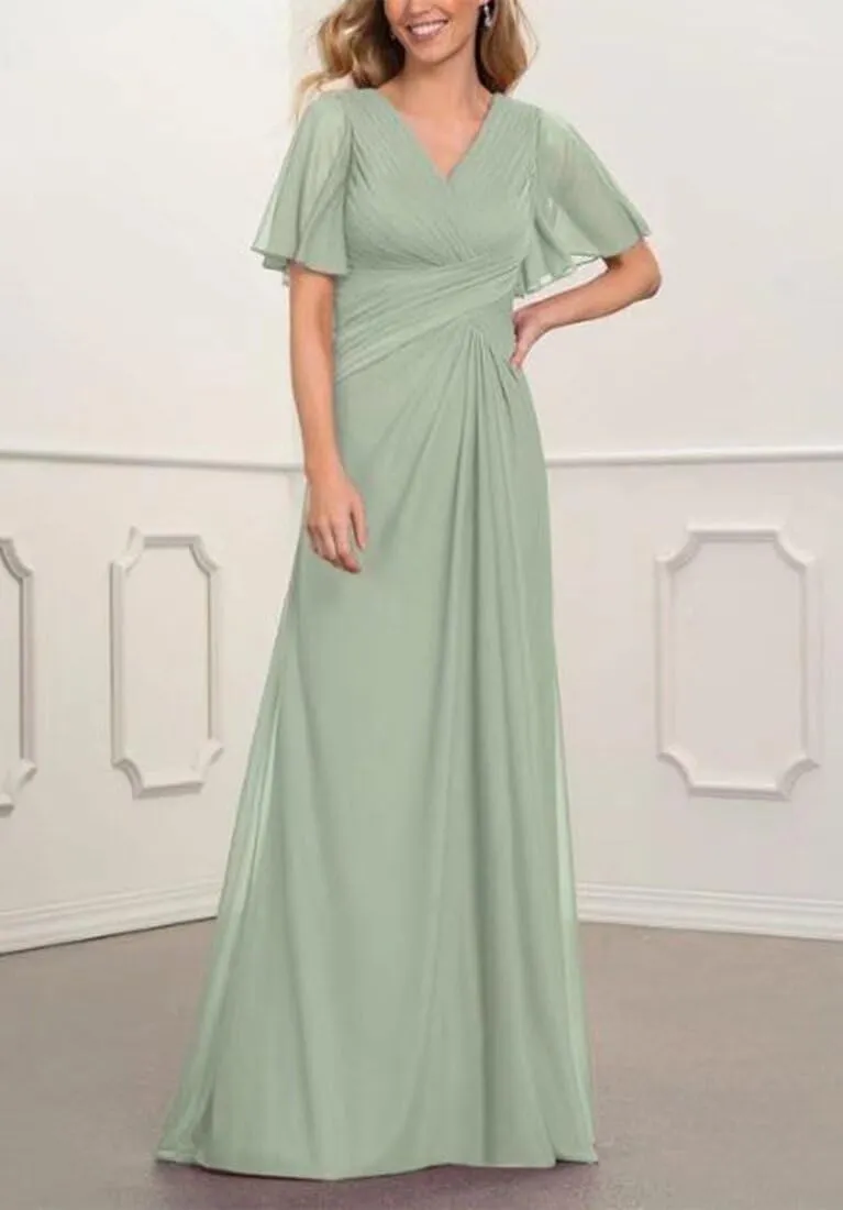 Ruffle Sleeves Mother of The Bride Dresses V-Neck Formal Evening Gowns Pleated Chiffon Mother of The Groom Dresses
