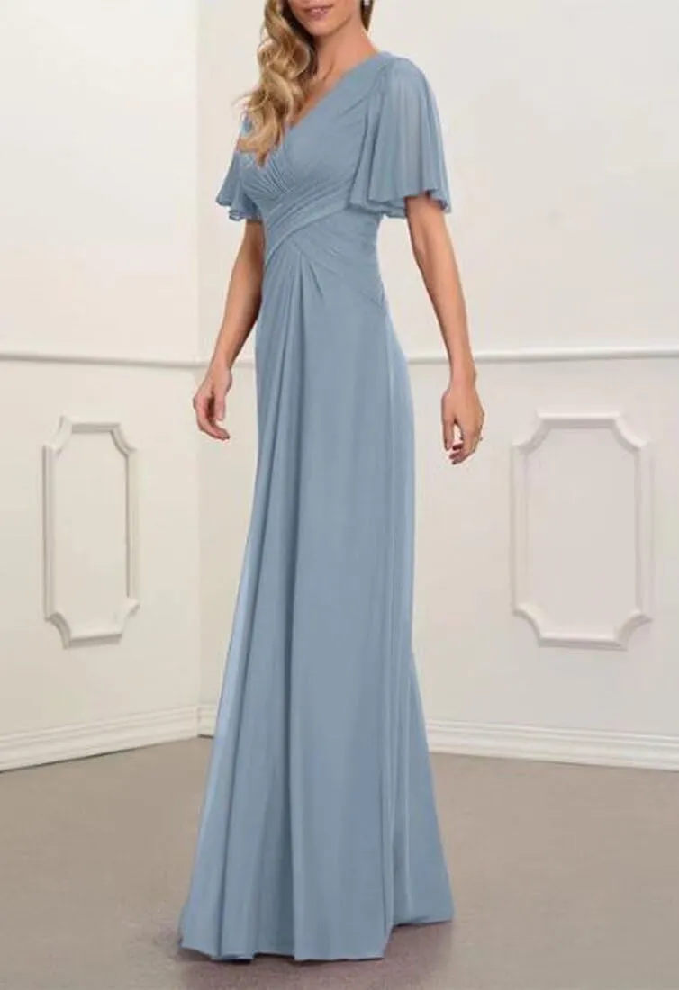 Ruffle Sleeves Mother of The Bride Dresses V-Neck Formal Evening Gowns Pleated Chiffon Mother of The Groom Dresses