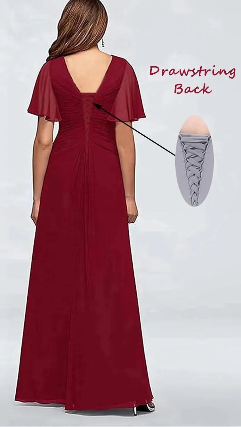Ruffle Sleeves Mother of The Bride Dresses V-Neck Formal Evening Gowns Pleated Chiffon Mother of The Groom Dresses