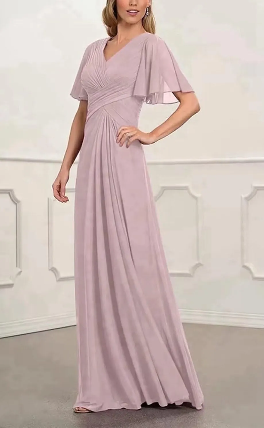 Ruffle Sleeves Mother of The Bride Dresses V-Neck Formal Evening Gowns Pleated Chiffon Mother of The Groom Dresses