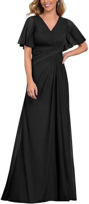 Ruffle Sleeves Mother of The Bride Dresses V-Neck Formal Evening Gowns Pleated Chiffon Mother of The Groom Dresses