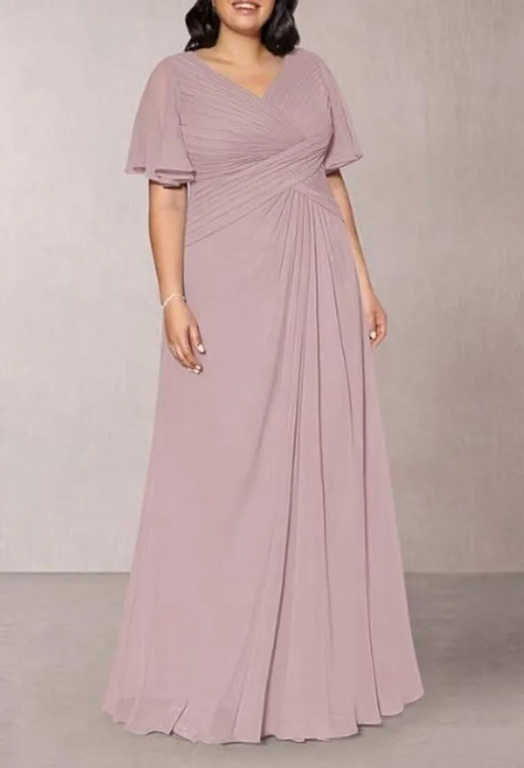 Ruffle Sleeves Mother of The Bride Dresses V-Neck Formal Evening Gowns Pleated Chiffon Mother of The Groom Dresses