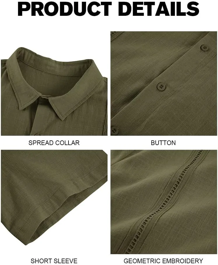 Ryannology Mens Guayabera Shirts Linen Short Sleeve Button Down Casual Beach Cuban Camp Mexican Shirt for Men Khaki