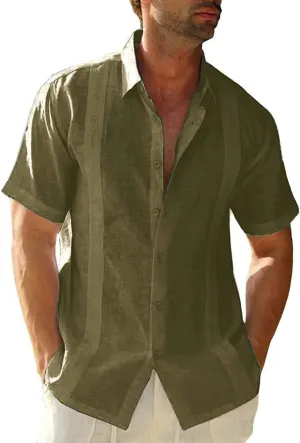 Ryannology Mens Guayabera Shirts Linen Short Sleeve Button Down Casual Beach Cuban Camp Mexican Shirt for Men Khaki