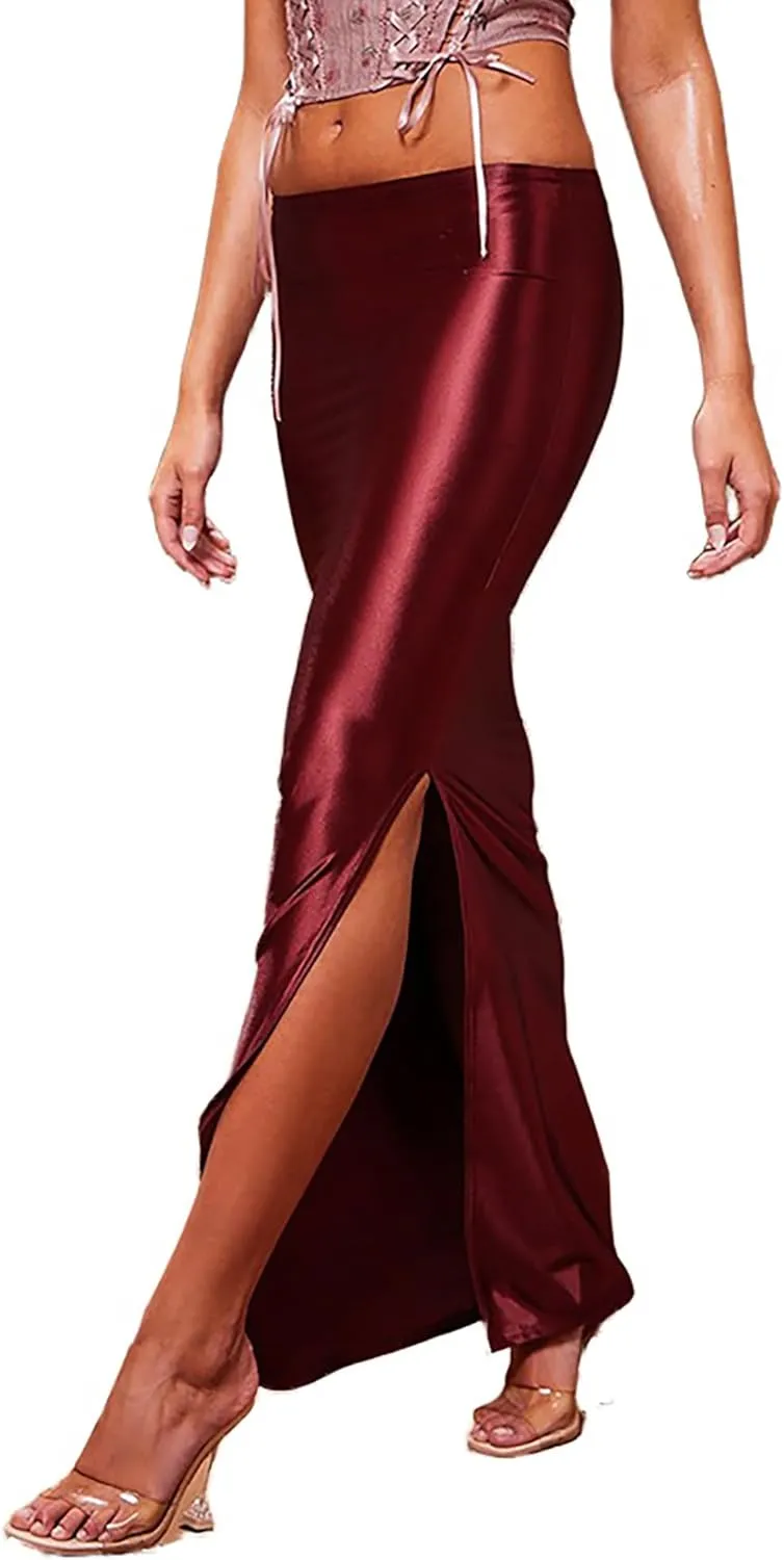 Satin Silk Skirt Long Womens High Waisted Maxi Midi Work Slip Wrap Silky Dressy Skirts with Slit for Women Casual