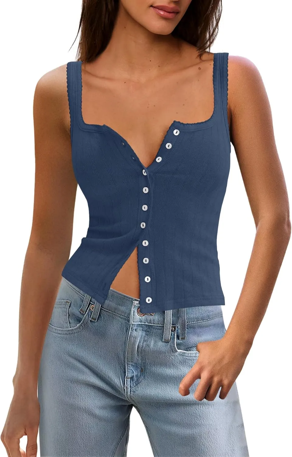 SENSERISE Womens Camisole Tank Tops Going Out Top Sleeveless Ribbed Button Shirts Tight Basic Summer Outfits