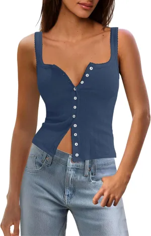 SENSERISE Womens Camisole Tank Tops Going Out Top Sleeveless Ribbed Button Shirts Tight Basic Summer Outfits