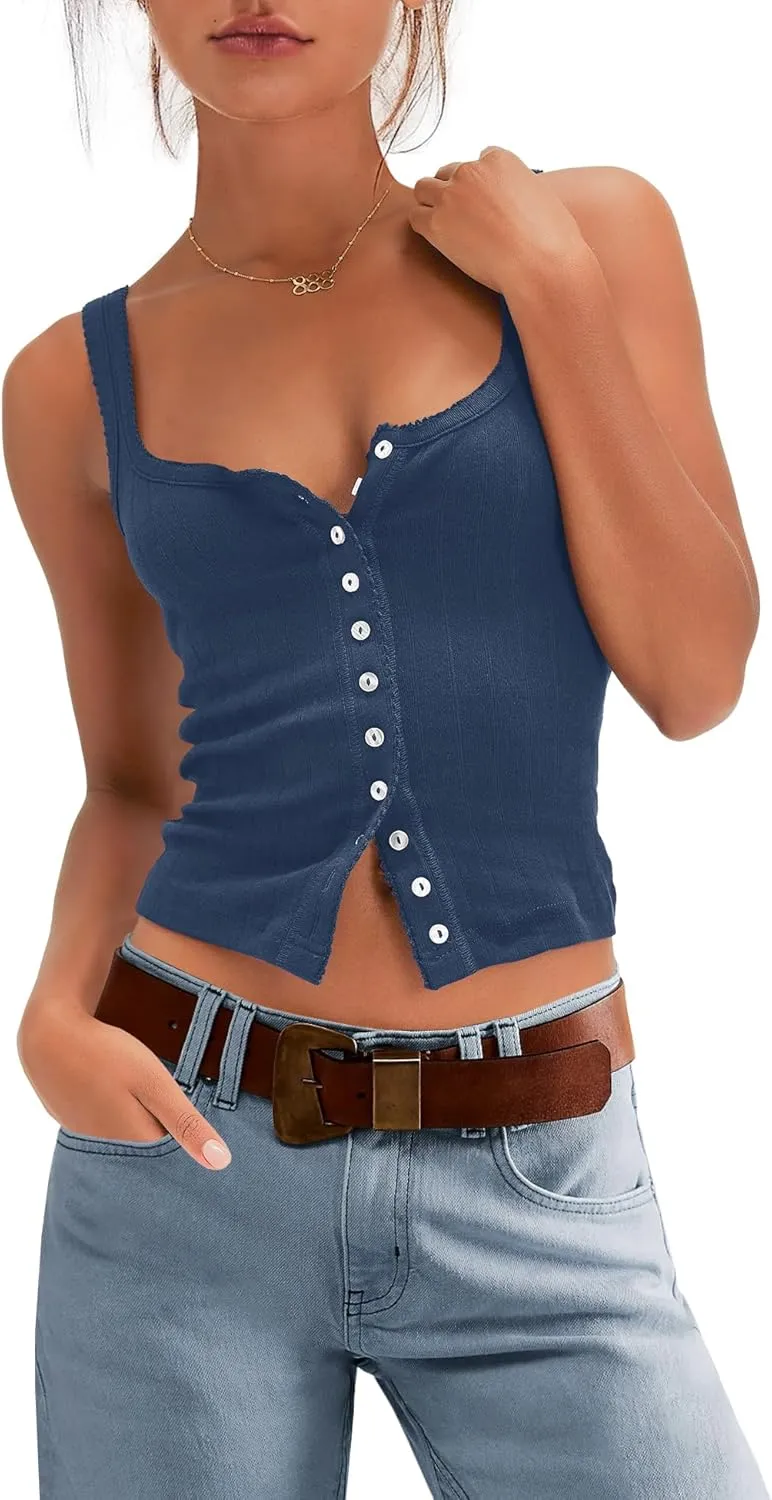 SENSERISE Womens Camisole Tank Tops Going Out Top Sleeveless Ribbed Button Shirts Tight Basic Summer Outfits