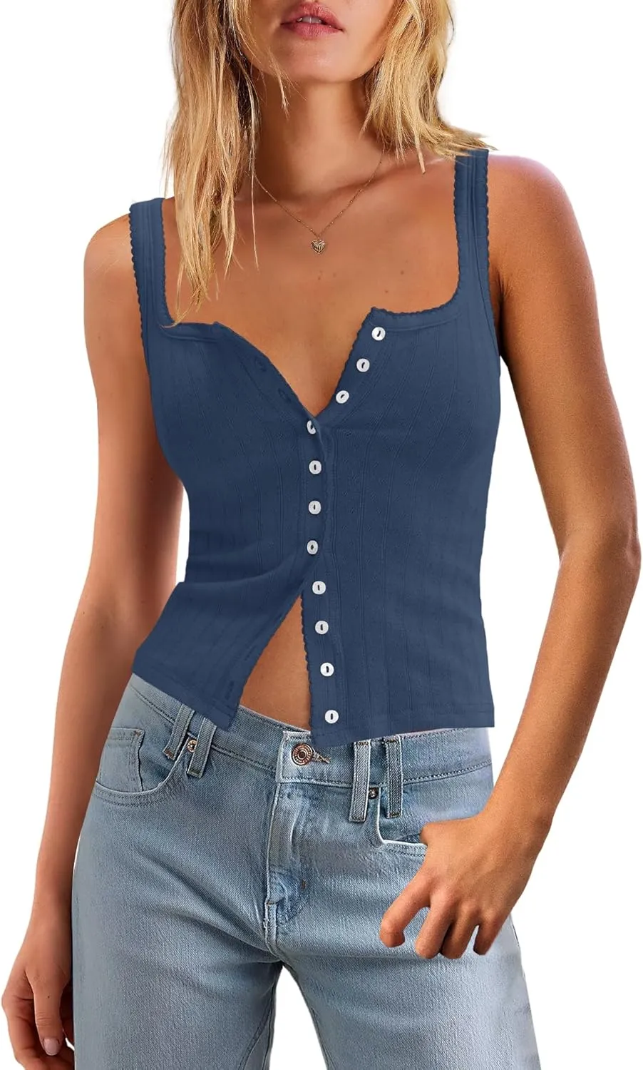 SENSERISE Womens Camisole Tank Tops Going Out Top Sleeveless Ribbed Button Shirts Tight Basic Summer Outfits
