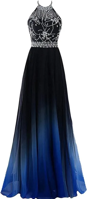 Sheer Beaded Halter Gradient Ombre Chiffon Long Prom Evening Dresses