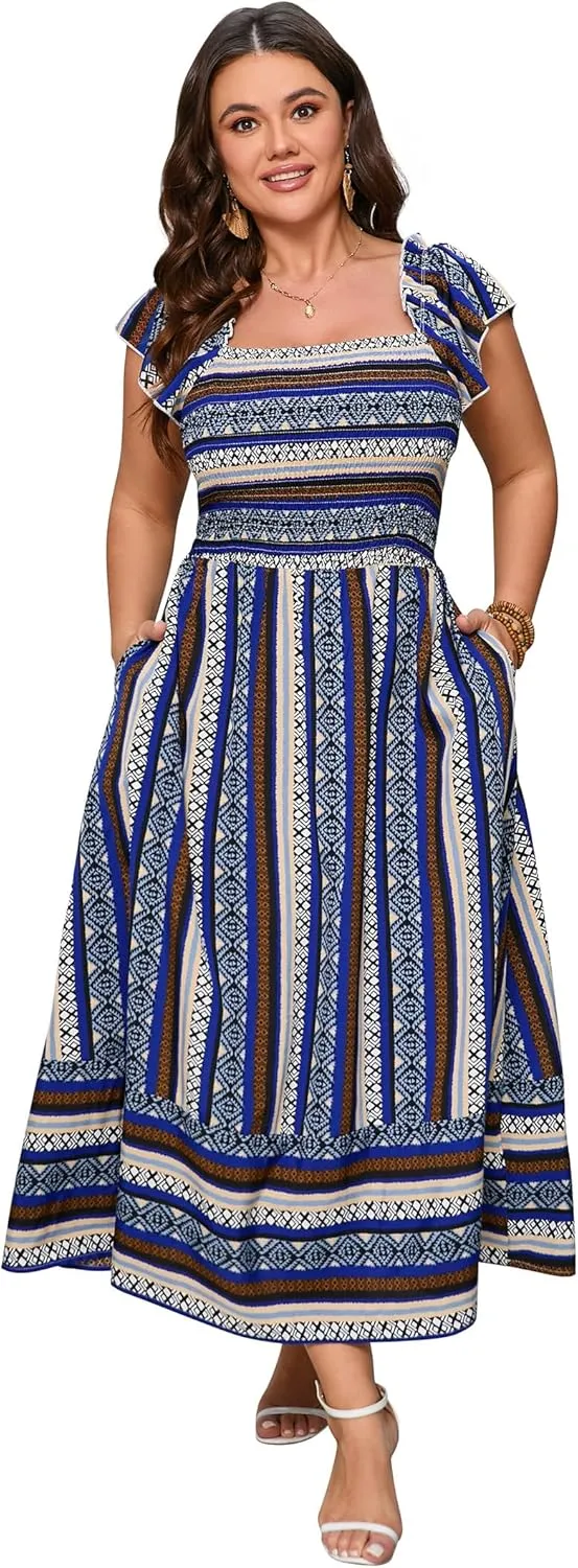 ShopWonder Women Plus Size Maxi Dress Smocked Short Sleeve High Waist Boho Casual Summer Dress