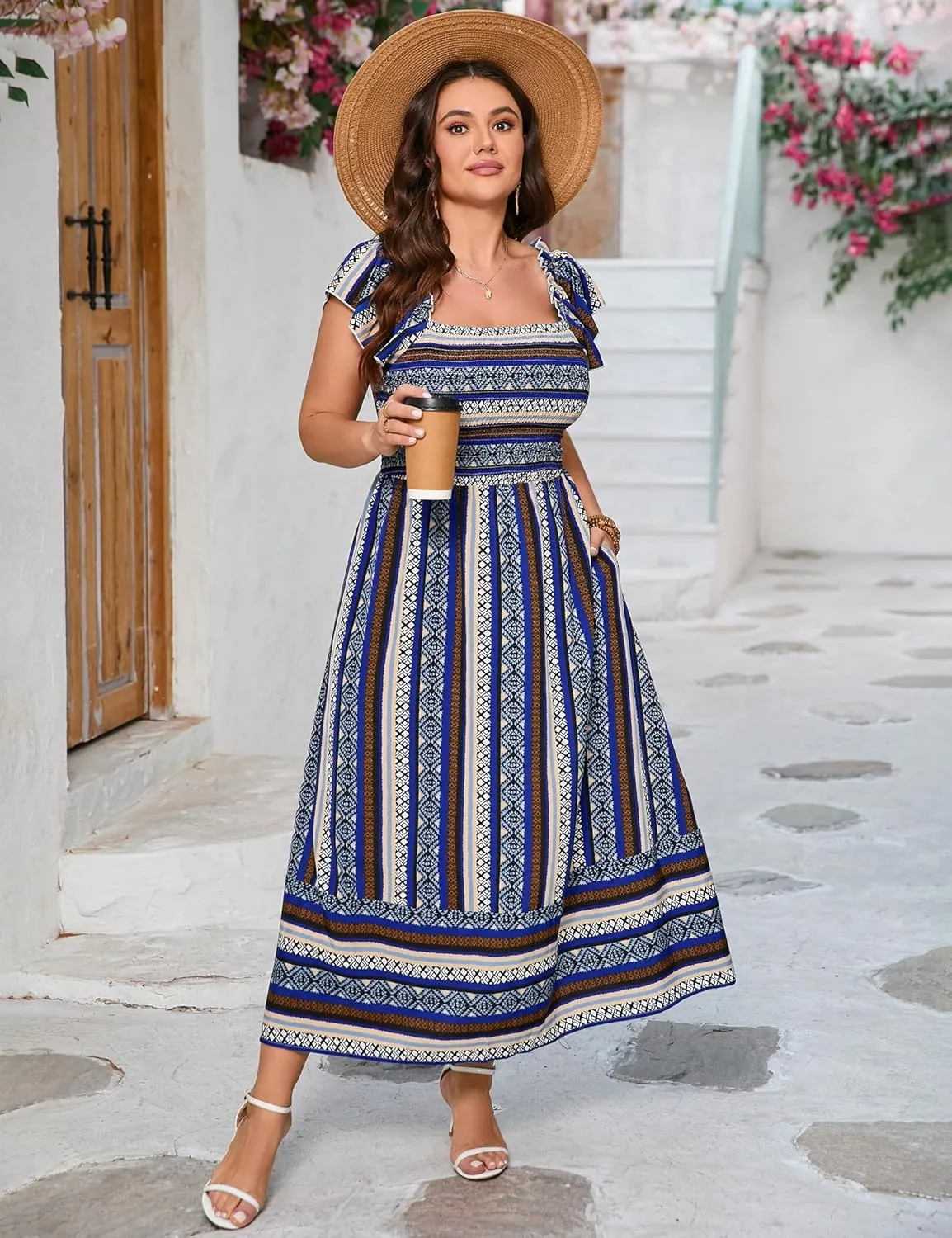 ShopWonder Women Plus Size Maxi Dress Smocked Short Sleeve High Waist Boho Casual Summer Dress