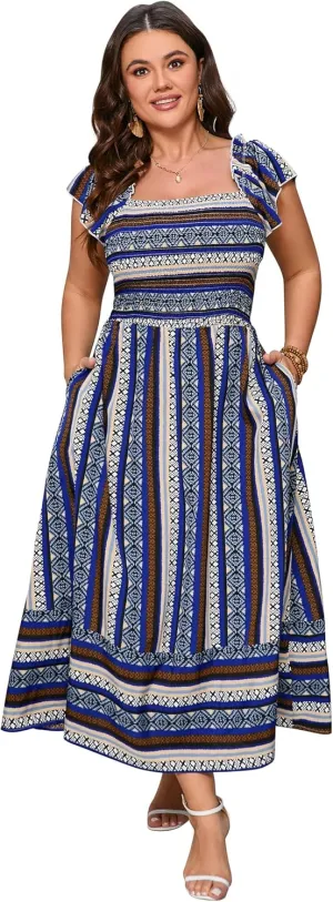 ShopWonder Women Plus Size Maxi Dress Smocked Short Sleeve High Waist Boho Casual Summer Dress