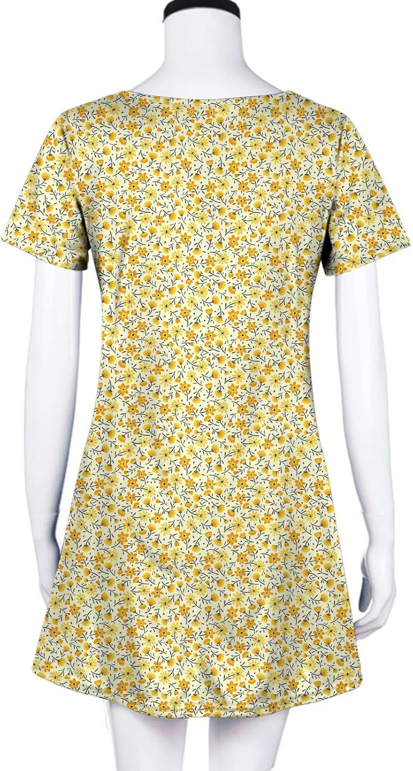 Short Sleeve Midi Dress for Women Floral Babydoll Dresses Crewneck Fit and Flare Dress Spring Break Dresses