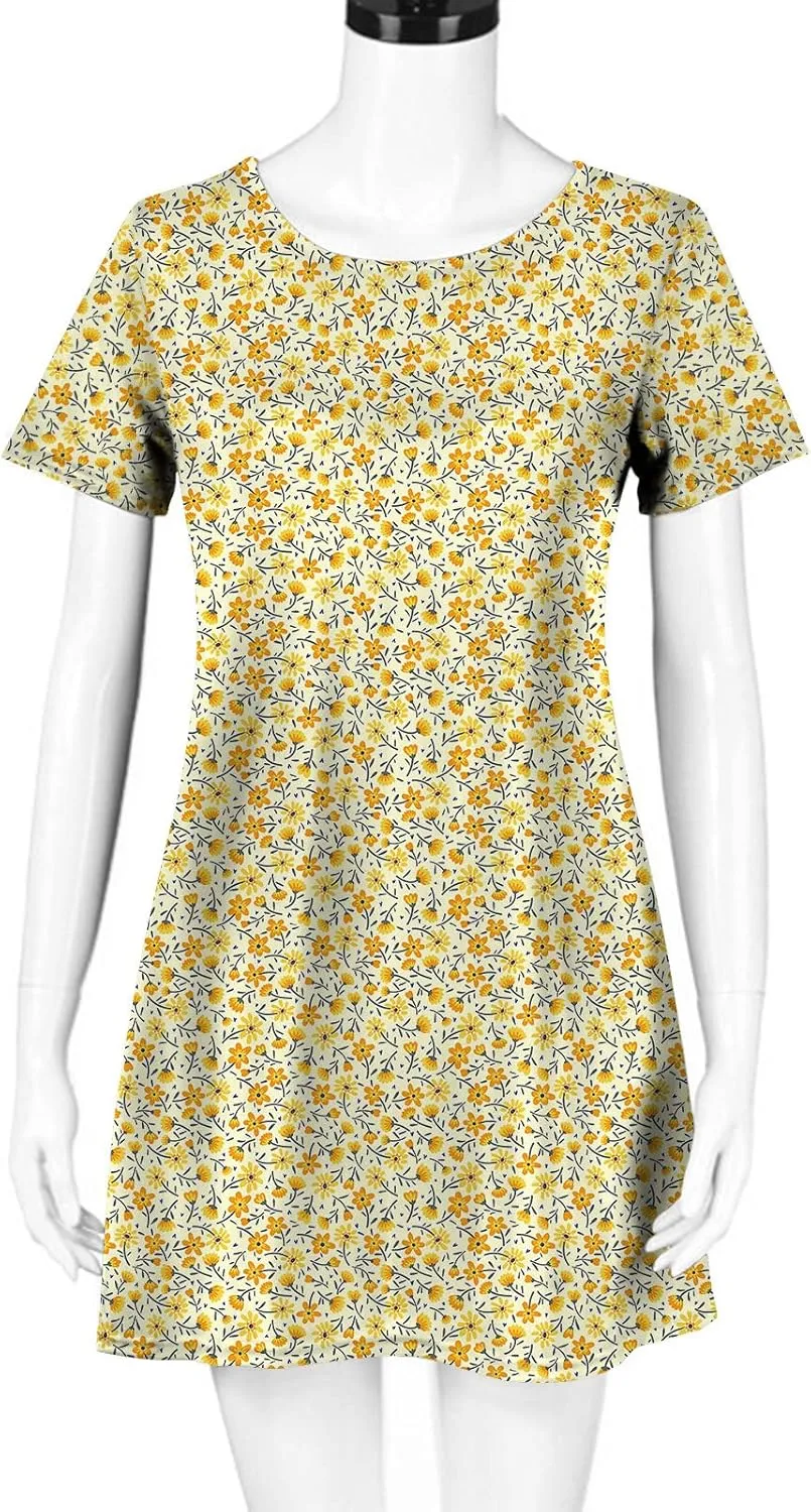 Short Sleeve Midi Dress for Women Floral Babydoll Dresses Crewneck Fit and Flare Dress Spring Break Dresses